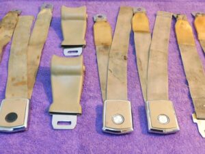 1968 1969 Mustang Cougar ORIG NUGGET GOLD DELUXE FRONT + REAR SEAT BELTS SET